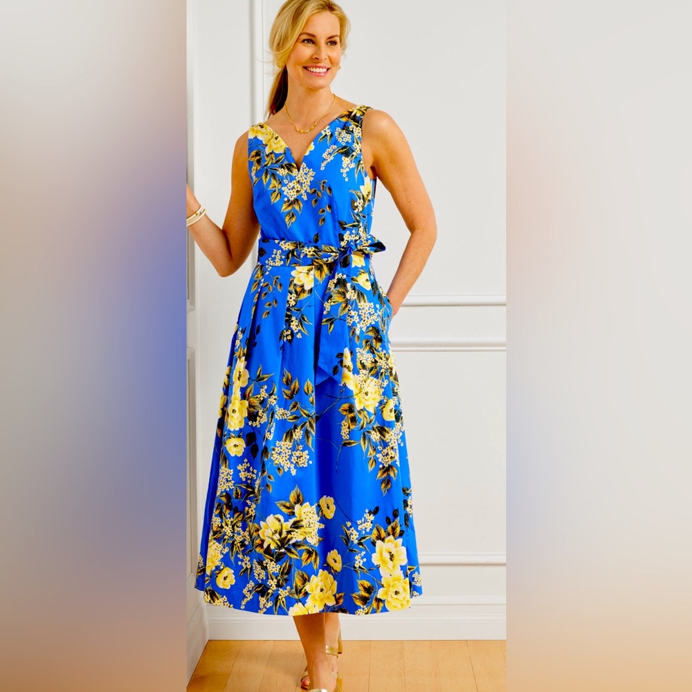 Talbots Bright Blue Floral Midi Dress with Yellow Blooms